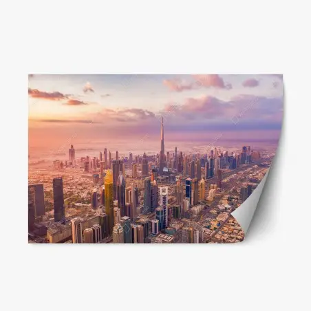 Sticker repositionnable panorama urbain de Dubaï avec Burj Khalifa au coucher de soleil – Wallnifity®