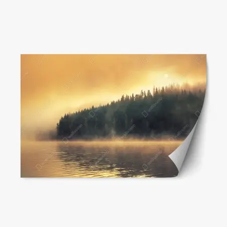Sticker repositionnable brume matinale sur le lac au lever du soleil – Wallnifity®