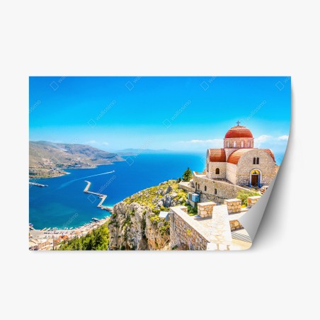 Sticker repositionnable paysage méditerranéen : église sur la falaise face à la mer – Wallnifity®