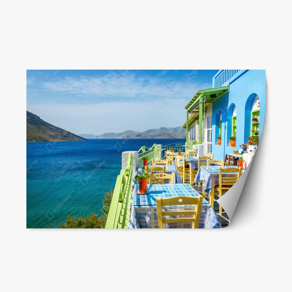 Sticker repositionnable terrasse en bord de mer aux couleurs vives – Wallnifity®