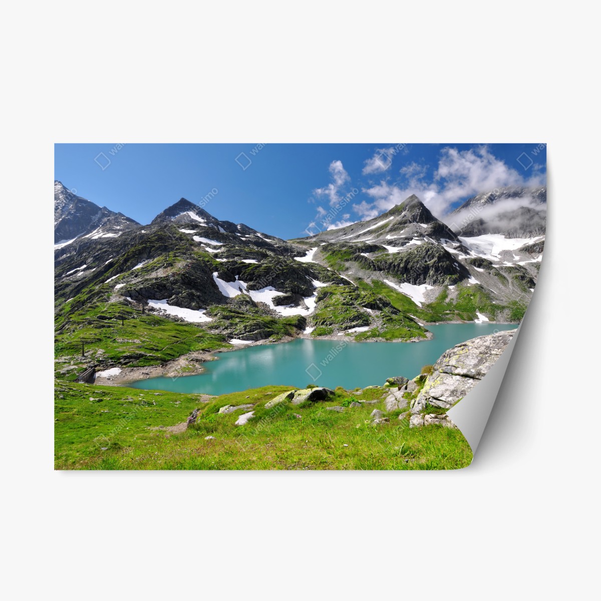 Sticker repositionnable vue alpine sur le lac turquoise – Wallnifity®