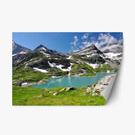Sticker repositionnable vue alpine sur le lac turquoise – Wallnifity®