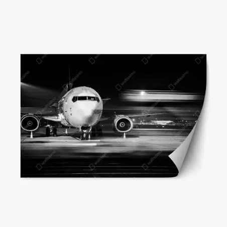 Sticker repositionnable avion sur le tarmac la nuit en noir et blanc – Wallnifity®
