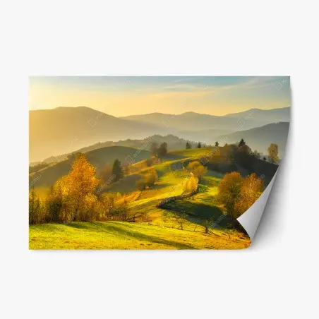 Sticker repositionnable lumière dorée sur les collines d'automne – Wallnifity®