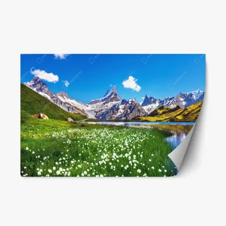 Sticker repositionnable pause alpine: panorama montagneux et lac cristallin – Wallnifity®