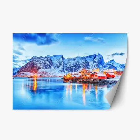 Sticker repositionnable village côtier scandinave au crépuscule – Wallnifity®