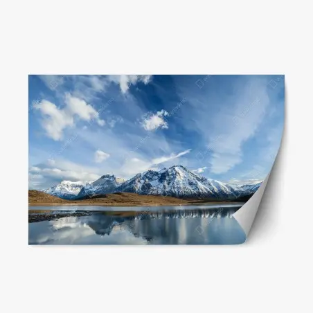 Sticker repositionnable panorama montagneux enneigé au reflet sur le lac – Wallnifity®