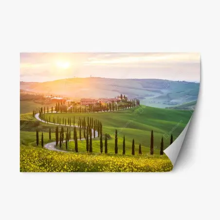 Sticker repositionnable route sinueuse de Toscane au coucher de soleil – Wallnifity®