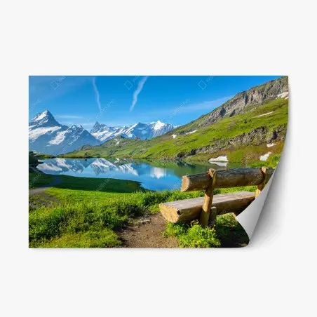 Sticker repositionnable banc rustique face aux montagnes enneigées – Wallnifity®