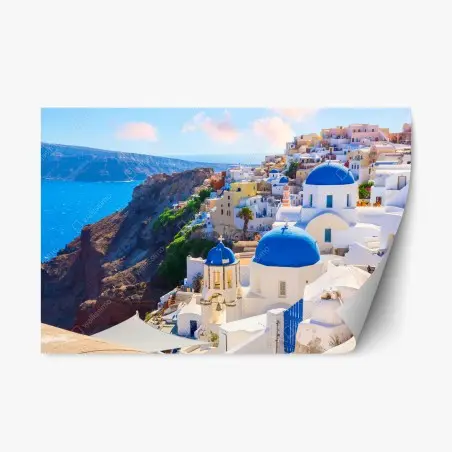 Sticker repositionnable Oia, Santorin : village aux dômes bleus – Wallnifity®