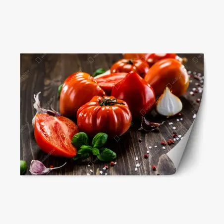 Sticker repositionnable composition gourmande de tomates et basilic sur fond en bois – Wallnifity®
