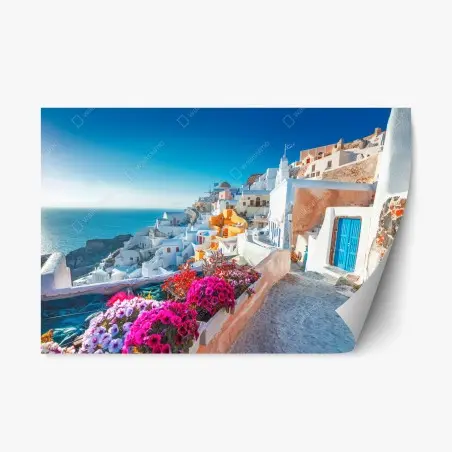 Sticker repositionnable ruelle ensoleillée à Santorin – Wallnifity®