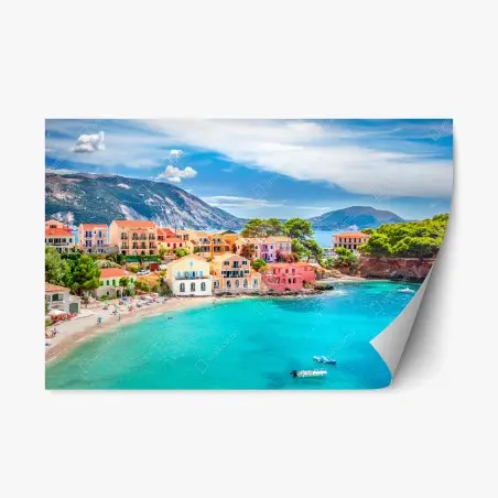 Sticker repositionnable village côtier coloré d'Assos, Céphalonie – Wallnifity®