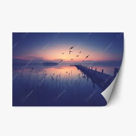 Sticker repositionnable paysage au crépuscule avec ponton et oiseaux – Wallnifity®