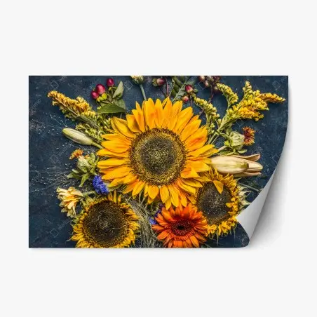 Sticker repositionnable composition de tournesols et fleurs d'automne sur fond sombre – Wallnifity®