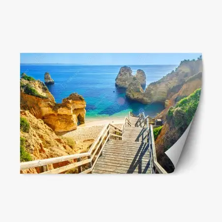 Sticker repositionnable escaliers vers la crique aux eaux turquoise – Wallnifity®