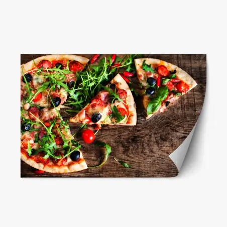 Sticker repositionnable pizza gourmande sur table rustique – Wallnifity®