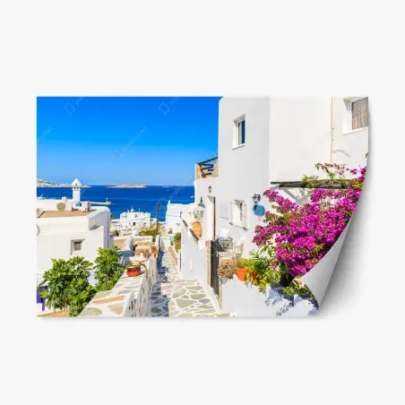 Sticker repositionnable ruelle blanche fleurie à Mykonos – Wallnifity®