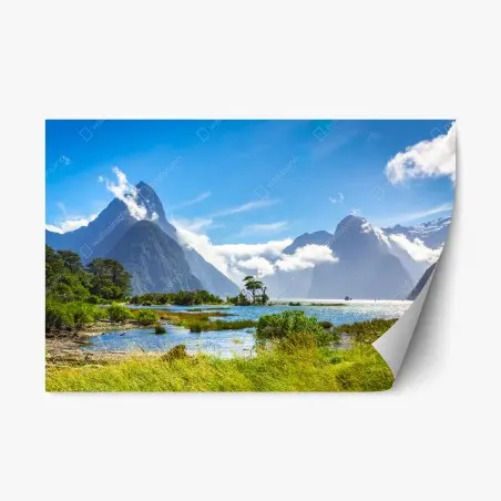 Sticker repositionnable paysage du fjord de Milford Sound au soleil – Wallnifity®
