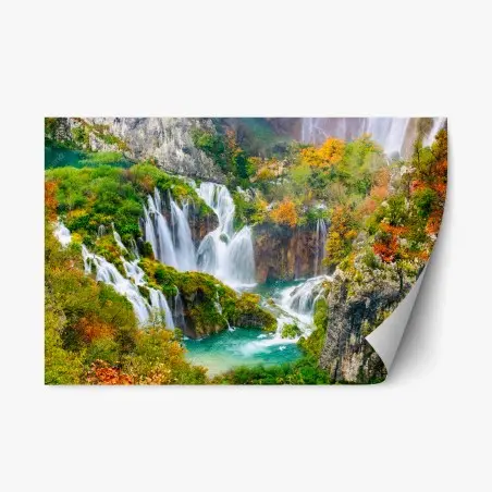 Sticker repositionnable paysage de cascades et lacs turquoise en automne – Wallnifity®