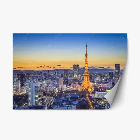 Sticker repositionnable coucher de soleil sur Tokyo et sa tour illuminée – Wallnifity®