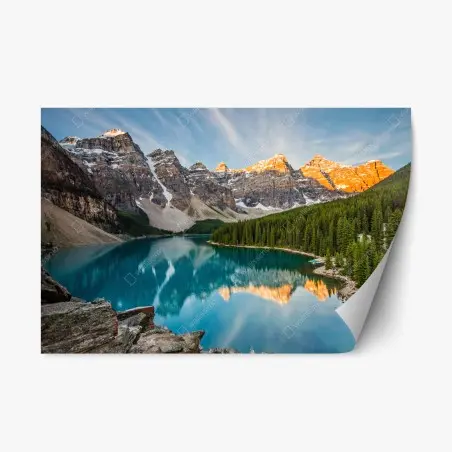 Sticker repositionnable reflets dorés sur lac alpin turquoise – Wallnifity®