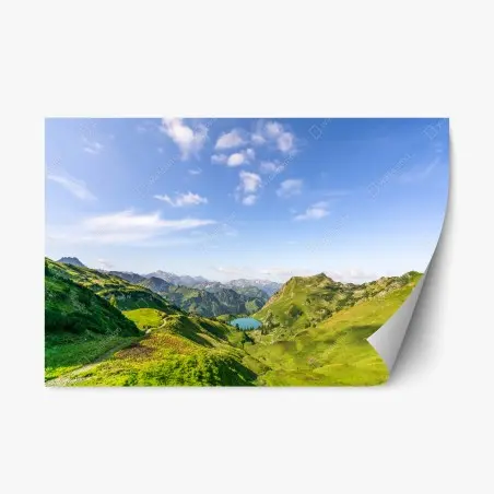 Sticker repositionnable paysage alpin verdoyant avec lac et montagnes – Wallnifity®