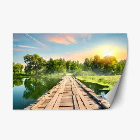 Sticker repositionnable passerelle en bois au lever du soleil – Wallnifity®