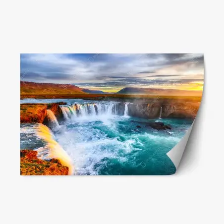 Sticker repositionnable aurore dorée sur Godafoss, cascade majestueuse d'Islande – Wallnifity®