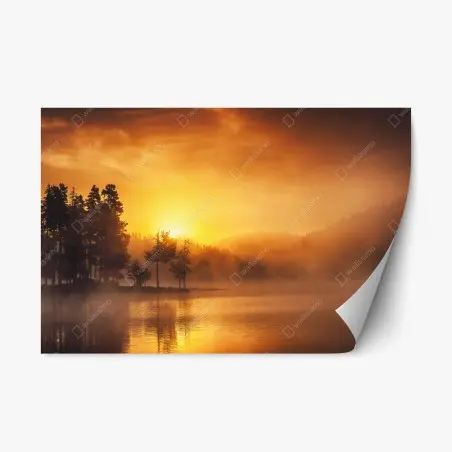 Sticker repositionnable aurore dorée sur le lac brumeux – Wallnifity®