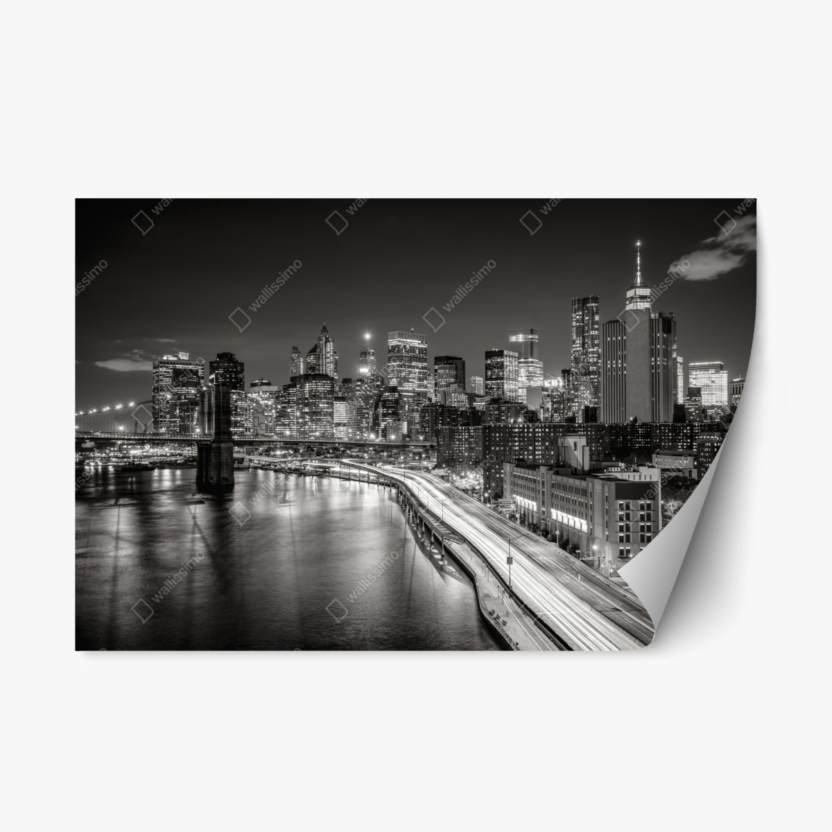 Sticker repositionnable panorama urbain nocturne New York en noir et blanc – Wallnifity®