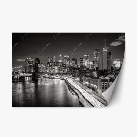 Sticker repositionnable panorama urbain nocturne New York en noir et blanc – Wallnifity®