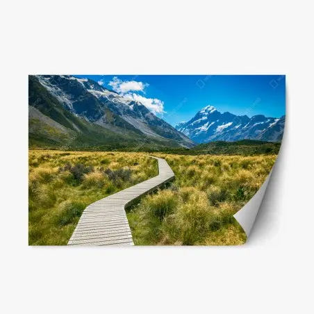 Sticker repositionnable sentier en bois vers les montagnes enneigées – Wallnifity®