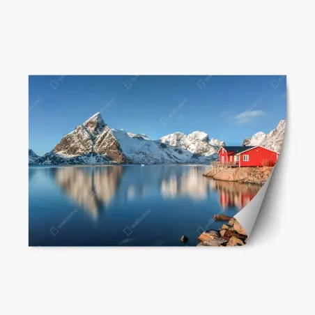 Sticker repositionnable cabane rouge au bord du fjord à Reine, Lofoten – Wallnifity®