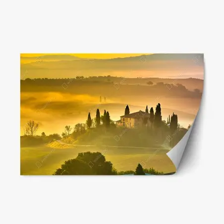 Sticker repositionnable aube dorée sur la colline brumeuse – Wallnifity®