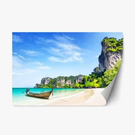 Sticker repositionnable bateau traditionnel sur la plage de Railay, Thaïlande – Wallnifity®