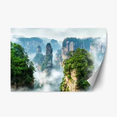 Sticker repositionnable paysage de colonnes rocheuses embrumées – Wallnifity®