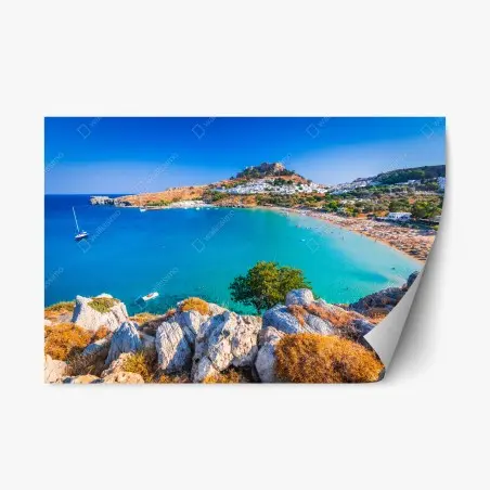 Sticker repositionnable acropole de Lindos surplombant la baie turquoise – Wallnifity®