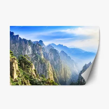 Sticker repositionnable paysage de montagnes brumeuses aux falaises sculptées – Wallnifity®