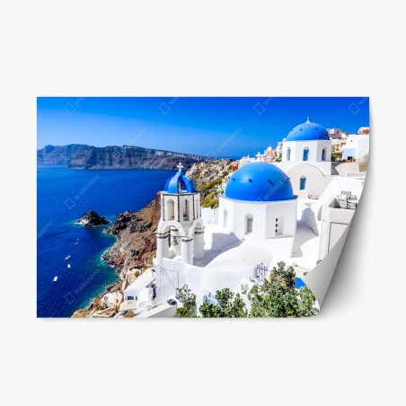 Sticker repositionnable vue emblématique de Santorin aux dômes bleus – Wallnifity®