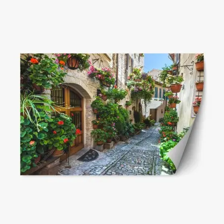 Sticker repositionnable ruelle fleurie de Spello, Italie – Wallnifity®
