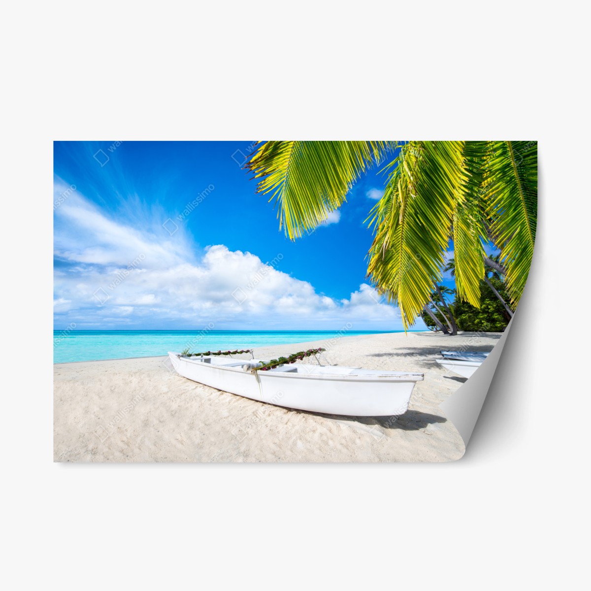 Sticker repositionnable évasion tropicale sur plage de sable blanc et palmiers – Wallnifity®
