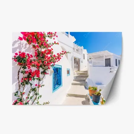 Sticker repositionnable ruelle ensoleillée de Santorin aux bougainvilliers – Wallnifity®