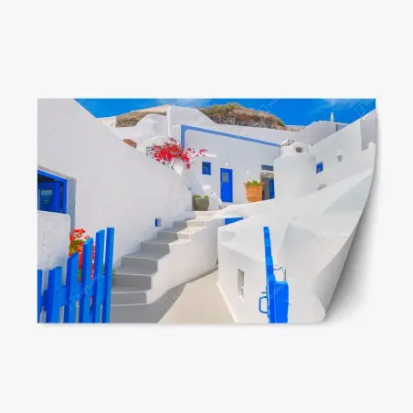 Sticker repositionnable ruelle bleue et blanche à Santorin – Wallnifity®