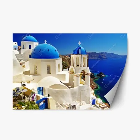 Sticker repositionnable panorama pittoresque de Santorin aux dômes bleus – Wallnifity®