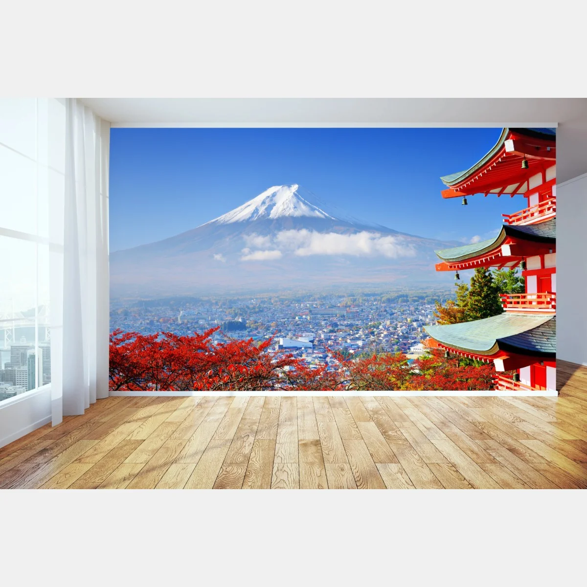 Papier peint panorama automnal avec le Mont Fuji et une pagode – Wallnifity® Papier peint panorama automnal avec le Mont Fuji et une pagode – Wallnifity®