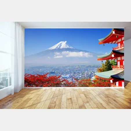 Papier peint panorama automnal avec le Mont Fuji et une pagode – Wallnifity®