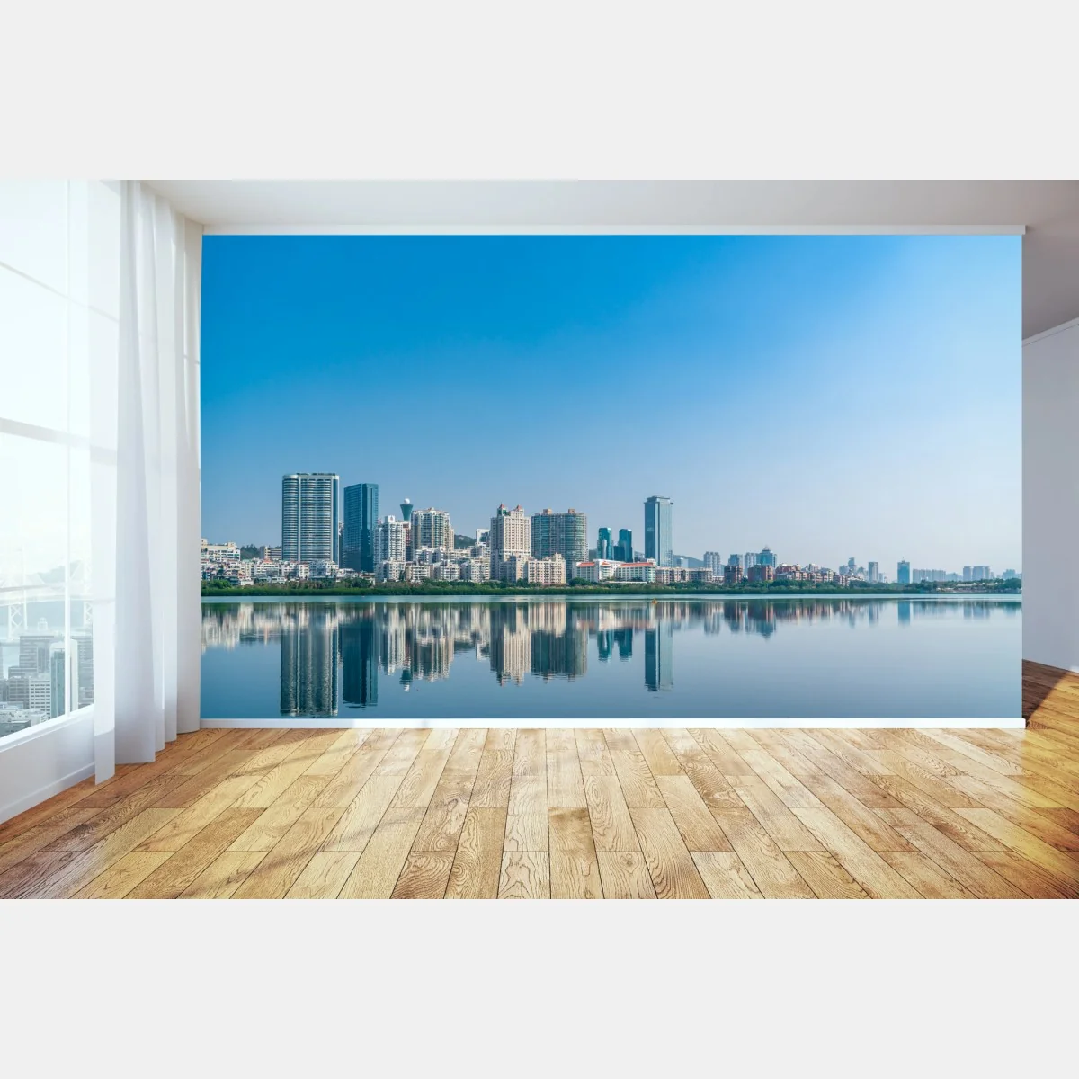 Papier peint horizon urbain miroir sur l'eau – Wallnifity® Papier peint horizon urbain miroir sur l'eau – Wallnifity®