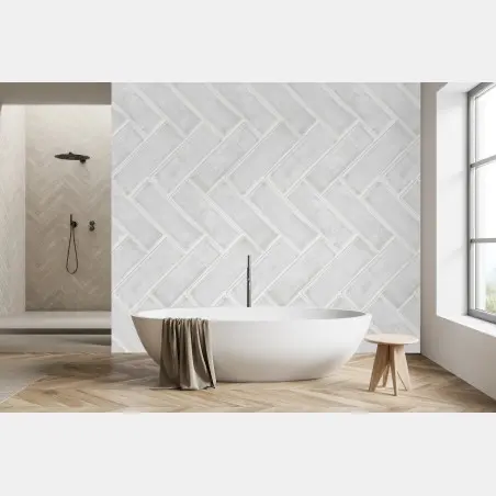 Papier peint motif chevrons de carrelage blanc texturé – Wallnifity®