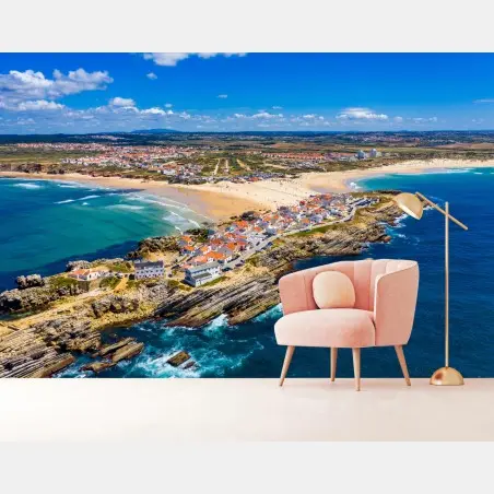 Papier peint falaise et plage de Baleal, vue aérienne panoramique – Wallnifity®